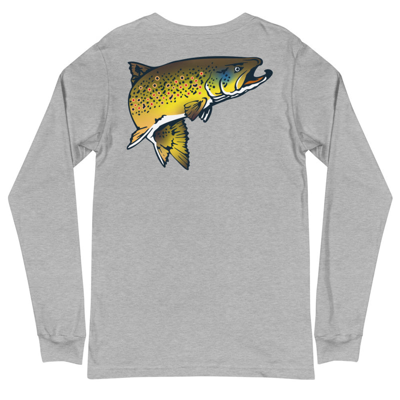 Load image into Gallery viewer, Rocky Mountain Fly Shop - Squatchy Brown Trout Unisex Long Sleeve Tee
